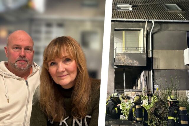 Bildmontage Tobias und Silvia Dress, im Hintergrund das Brand-Haus nach der Explosion.