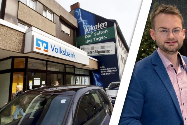 Montage der Volksbank in Westerholt und Filialleiter Kevin Kuhne.