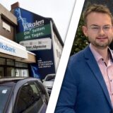 Montage der Volksbank in Westerholt und Filialleiter Kevin Kuhne.