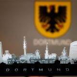 Dortmunder Skyline vor dem Stadtwappen