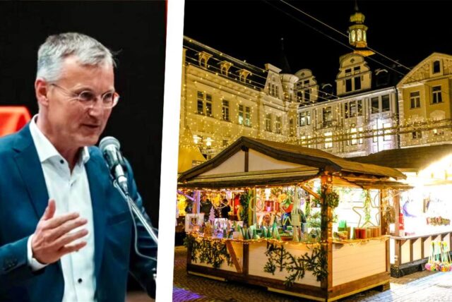 Montage: SPD-Bürgermeisterkandidat Axel Tschersich (l.), Weihnachtsmarktbude in Recklinghausen (r.)