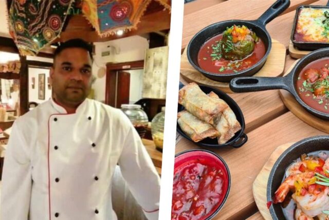 Bildkombo: links Gastronom Christian Breitsprecher, rechts gusseiserne Pfännchen mit Tapas.