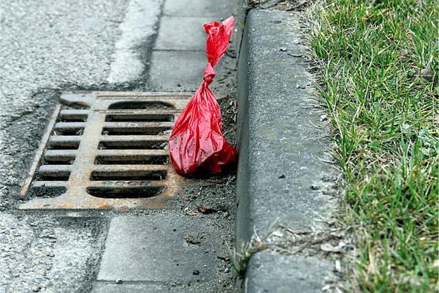Ein roter Hundekotbeutel liegt an einem Straßenrand