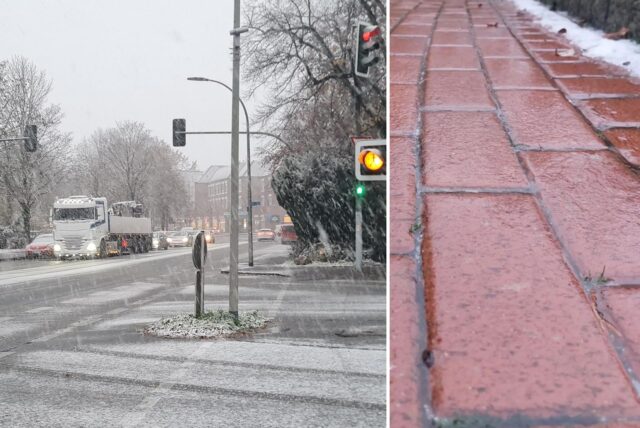 Symbolbild zeigt Schneefall auf einer Straße in Haltern und einen vereisten Gehweg.