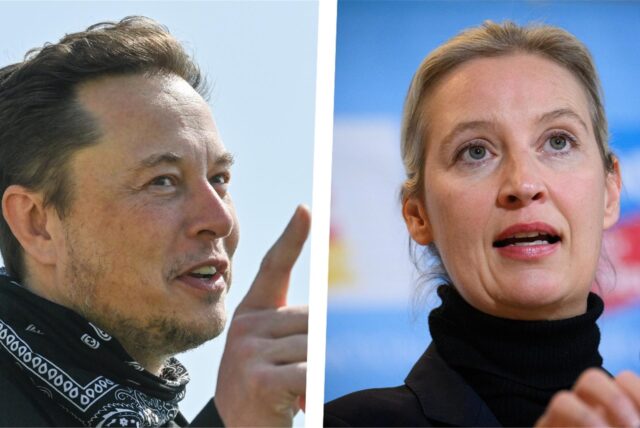 Bildmontage: Porträts von Elon Musk und Alice Weidel.
