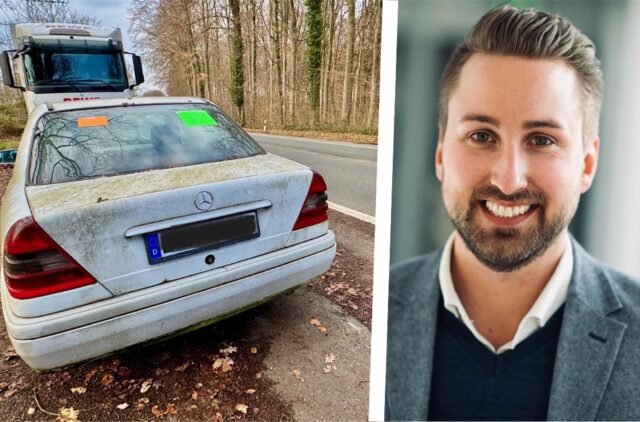 Immer wieder muss die Stadt Dortmund Schrottautos wie diesen weißen Mercedes aus dem öffentlichen Straßenraum entfernen lassen. Sprecher Christian Stein erläutert das Vorgehen des Ordnungsamts.
