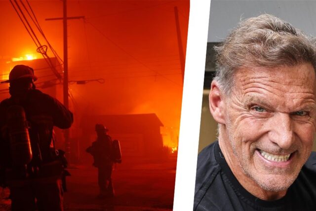 Die Bildkombi zeigt Ralf Moeller und Feuerwehrleute im Einsatz.