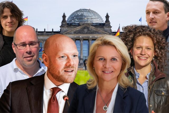 Die Dortmunder Kandidaten mit den größten Chancen auf den Einzug in den neuen Bundestag: Jens Peick und Sabine Poschmann (vorne Mitte, beide SPD), Michael Depenbrock (links, CDU), Sarah Beckhoff (rechts, CDU), Hannah Rosenbaum (links außen, Grüne) und Matthias Helferich (rechts außen, AfD)
