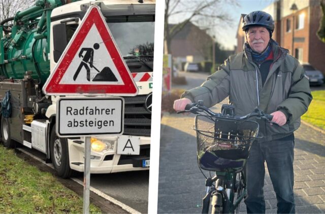 Foto-Montage: Ein Baustellen-Warnschild für Fahrradfahrer steht neben Axel Wolters mit seinem Fahrrad.