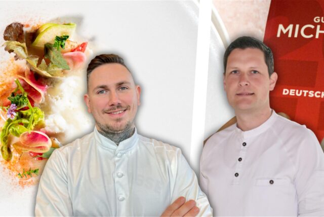 Montage: Dortmunder Sternekoch Michael Dyllong mit Pierre Beckerling vom Restaurant Schwarzgold, daneben der Guide Michelin.