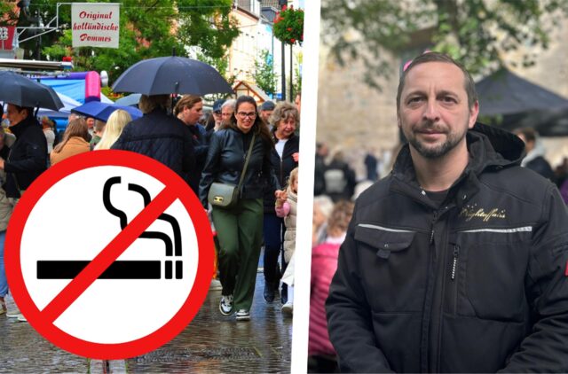 Montagebild: Hans Schuster, ein Bild vom Herbstfest und eine „Rauchen verboten“ Grafik.
