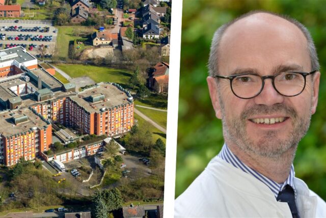 Links ein Luftbild des St. Elisabeth-Krankenhauses in Dorsten, rechts Chefarzt Dr. Wilhelm Gross-Weege.