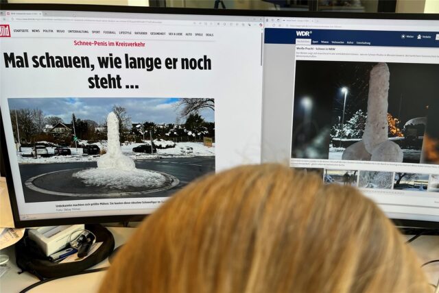 Auf einem Computerbildschirm sind Bilder und Artikel zu dem Schnee-Penis in Menden zu sehen.