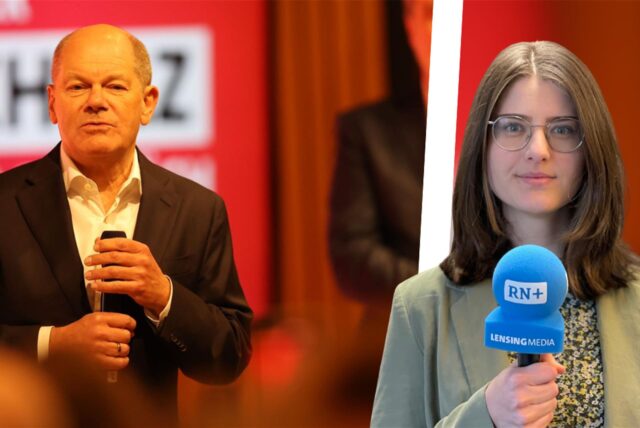 Links Bundeskanzler Olaf Scholz bei einer Parteiveranstaltung der SPD, rechs Ruhr-Nachrichten-Reporterin Leonie Freynhofer.