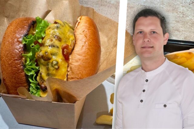 Links ein Burger aus dem Restaurant Daichi in Dortmund-Hombruch, rechts Sternekoch Michael Dyllong.