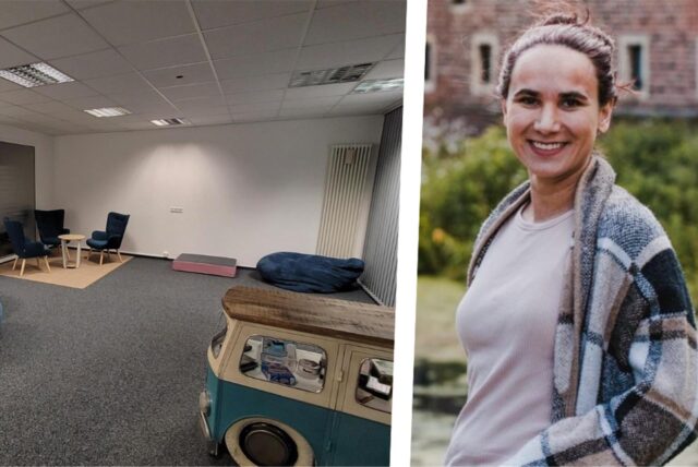 Montage: Vereinspressesprecherin Alison Marburger steht einem Bild der neuen Räumlichkeiten des Vereins „Herausforderung“ in der Suitbertusstraße in Dorsten gegenüber.