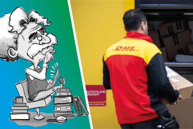 DHL-Mitarbeiter liefert Paket aus.