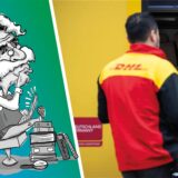 DHL-Mitarbeiter liefert Paket aus.