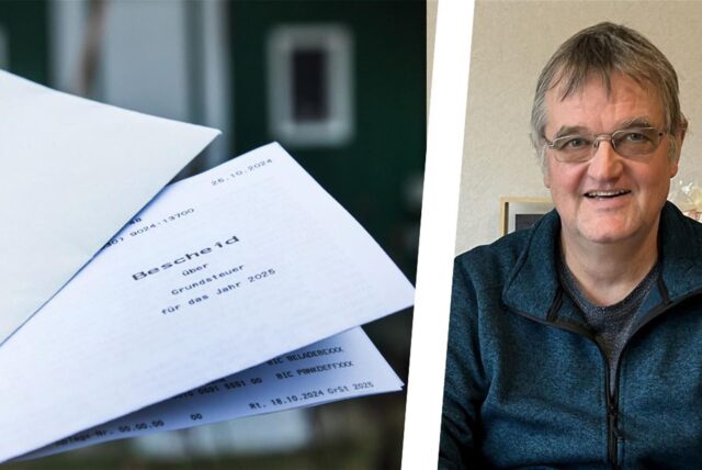 Links ein Brief mit einem Grundsteuerbescheid vor einem Haus, rechts das Porträtfoto von Jogi Lenort, Vorsitzender der Siedlergemeinschaft Colonie Gertrudenau e.V. in Herten.