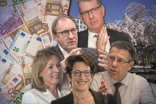 Die Montage zeigt (ehemalige) Chefinnen und Chefs verschiedener kommunaler Unternehmen aus Dortmund neben Geldscheinen.