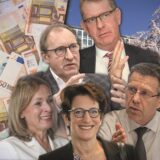 Die Montage zeigt (ehemalige) Chefinnen und Chefs verschiedener kommunaler Unternehmen aus Dortmund neben Geldscheinen.