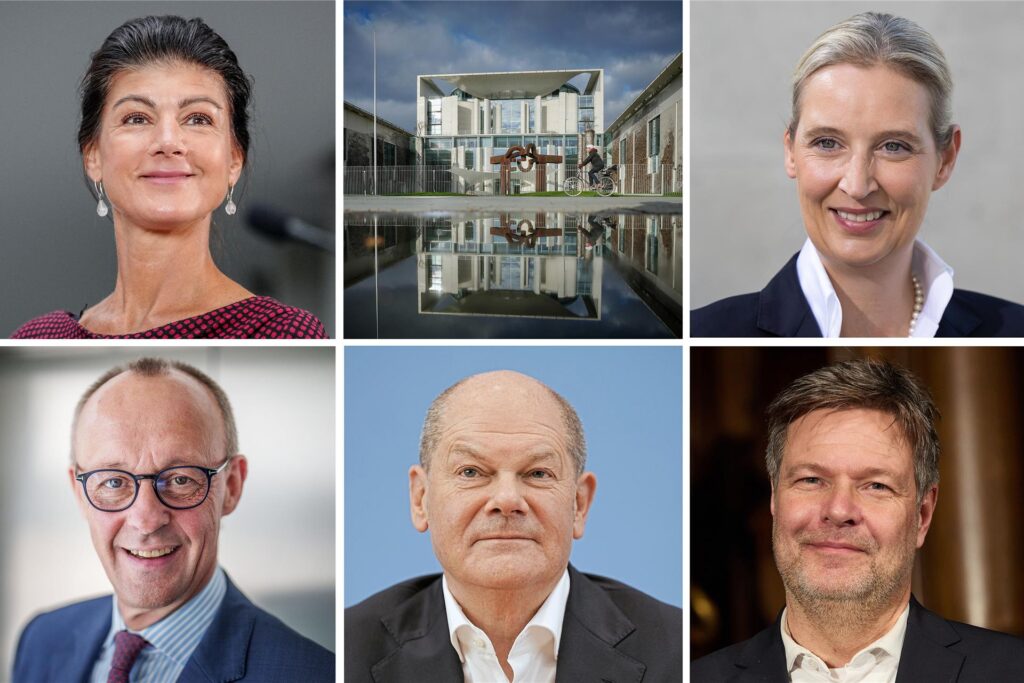 Die fünf Kanzlerkandidaten der Bundestagswahl am 23. Februar 2025 sind (v.o.l.n.u.r.): Sarah Wagenknecht (BSW), Alice Weidel (AfD), Friedrich Merz (CDU), Olaf Scholz (SPD) und Robert Habeck (Grüne).