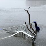 Ein Einkaufswagen liegt in dem leicht zugefrorenen See im Dorstener Stadtteil Barkenberg.