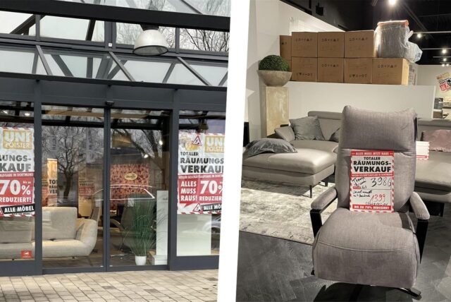 Collage: links das Schaufenster von Uni Polster in Dortmund-Dorstfeld, rechts ein Sessel im Angebot.