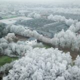 Das Winter-Wunderland am 20. Januar 2025: Die Bäume in Castrop-Rauxel sind vom Frost weiß. Zu sehen ist das Gewerbegebiet an der Stahlwerkstraße in Merklinde und Ausläufer des Golfplatzes von Frohlinde.