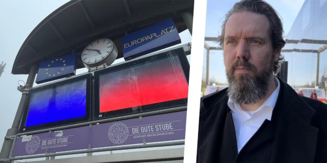 Montage: links Ansicht kaputter Anzeigetafeln am Recklinghäuser Hauptbahnhof, rechts der Pressesprecher der Vestischen, Christoph van Bürk.