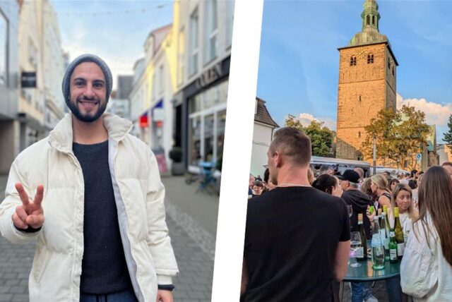 Links der Recklinghäuser Gastronom und Veranstalter Cono Cinquemani, rechts Gäste auf dem Abendmarkt in Recklinghausen vor der Kirche St. Peter