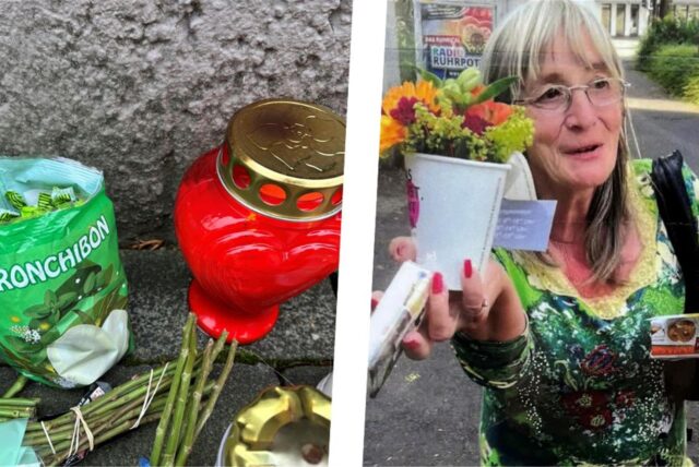Montage aus zwei Fotos: Links eine geöffnete Tüte Eukalyptus-Bonbons und eine Grabkerze vor einer Hauswand. Rechts ein Bild der in Recklinghausen-Hillen mit mehreren Stichen in den Hals getöteten Rita.