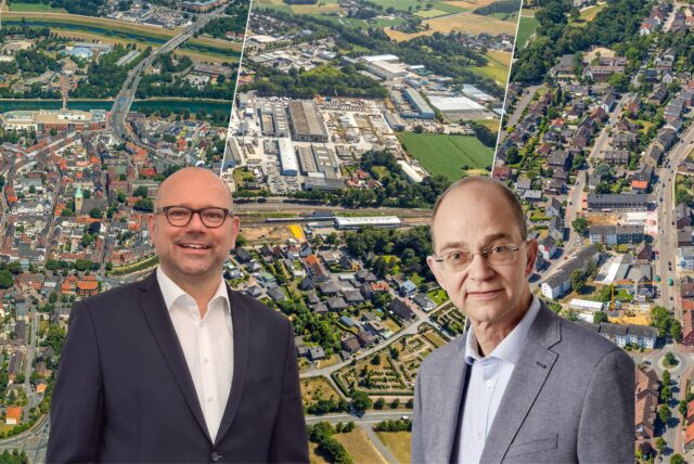 Markus Funk und Josef Hadick vor einem Luftbild