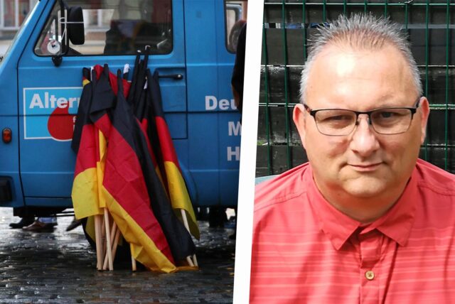 Montage zeigt links ein Symbolbild bei einer AfD-Kundgebung, rechts den Kreissprecher im Kreis Recklinghausen, Udo Pöpperling.