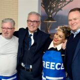 Präsident des Europarates Theodoros Rousopoulos (Zweiter v.li.) besucht Bundestagsabgeordneten Frank Schwabe (re.) in Castrop-Rauxel.