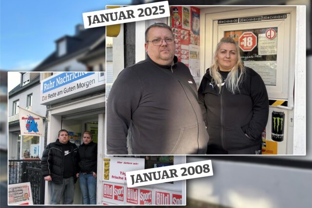 Das Ehepaar Olaf und Kataryna Supply nach einem Überfall im Jahr 2008 und nach dem Raubüberfall am 19. Januar 2025. Dazwischen liegen 17 Jahre regulärer Kioskbetrieb an der Gerther Straße in Merklinde.