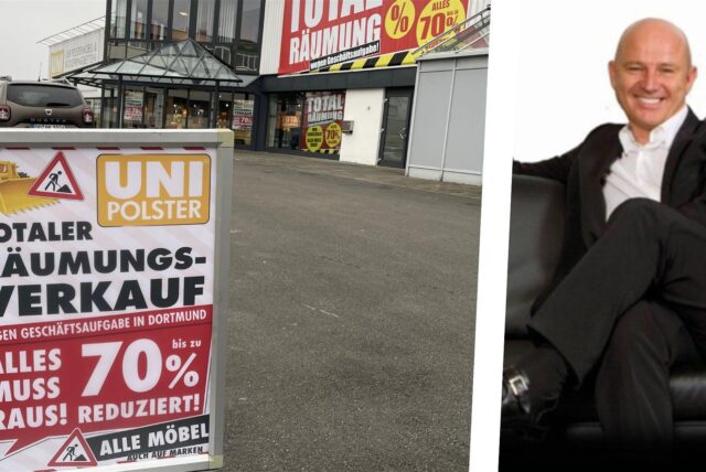 Collage: Links ein Blick auf Uni-Polster in Dortmund, rechts Frank Jankuhn, Uni-Polster-Geschäftsführer.