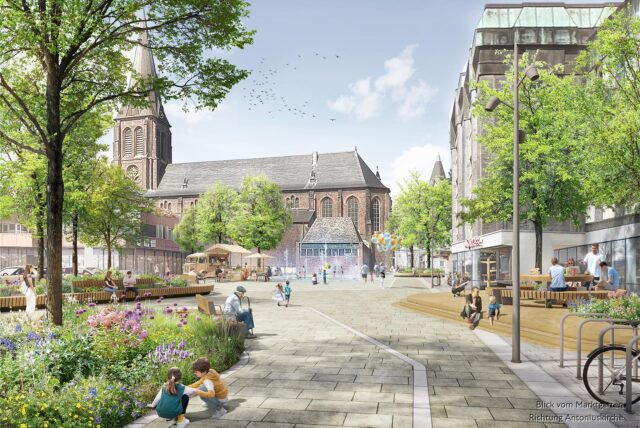Eine Illustration zeigt den Marktplatz mit verschiedenen Grünflächen und Sitzmöglichkeiten.