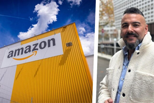 Links der Amazon-Standort in Dortmund, rechts der ehemalige Betriebsratsvorsitzende Osman Özkan.