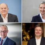 KOMBO – Bundeskanzler Olaf Scholz (SPD, oben, l-r, Archivfoto vom 14.07.2023), Alice Weidel (AfD), Bundesparteivorsitzende (Archivfoto vom 10.09.2023), sowie Friedrich Merz (Archivfoto vom 20.09.2024), CDU-Bundesvorsitzender und CDU/CSU Fraktionsvorsitzender im Bundestag, und Robert Habeck (Bündnis 90/Die Grünen, Archivfoto vom 12.01.2024), Bundeswirtschaftsminister und Vizekanzler.