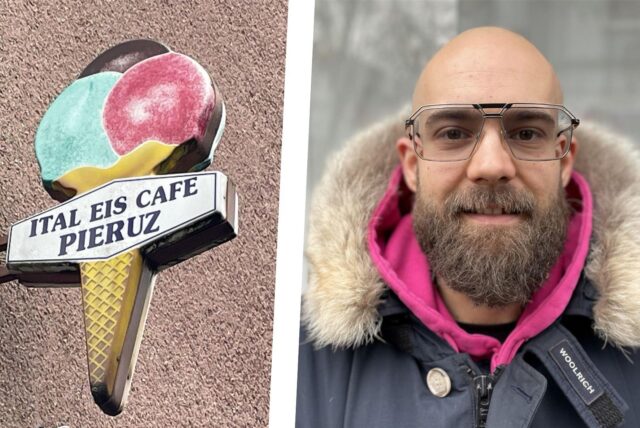 Collage: links ein Eis-Café-Schild, rechts Gian Matteo Buca (30), neuer Inhaber eines Eis-Kiosks in Dortmund-Marten.