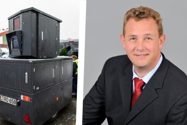 Zwei Bilder nebeneinander: Links ein Panzerblitzer, der als Anhänger abtransportiert wird. Rechts: Marcus Mensel, Leiter für Kommunikation bei Jenoptik für Verkehrstechnik.
