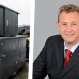 Zwei Bilder nebeneinander: Links ein Panzerblitzer, der als Anhänger abtransportiert wird. Rechts: Marcus Mensel, Leiter für Kommunikation bei Jenoptik für Verkehrstechnik.