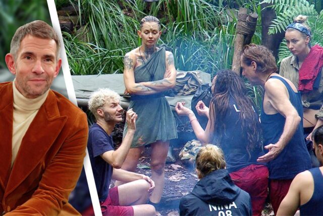 Links Micky Beisenherz, rechts diskutieren Sam Dylan und Lilly Becker im Dschungelcamp 2025 im Beisein der anderen Kandidaten.