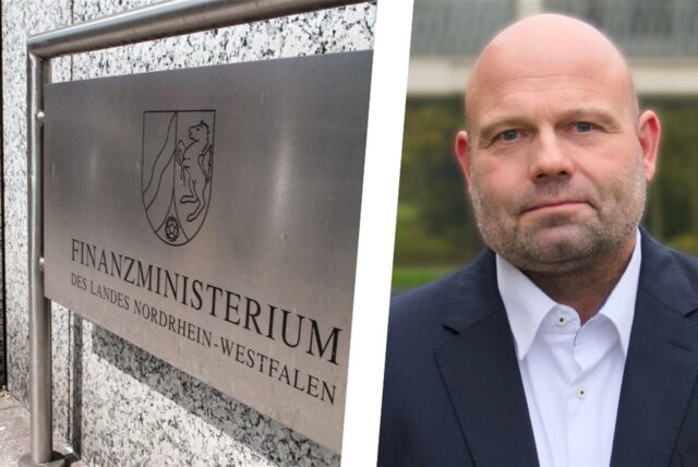 Das Gebäude des NRW-Finanzministeriums in Düsseldorf, daneben ein Porträtfoto von Dr. Oliver Lind, Kämmerer der Stadt Herten.