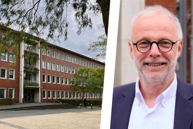 Das Rathaus Herten, daneben ein Porträtfoto von Bürgermeister Matthias Müller.