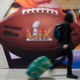 Eine Person mit Reisekoffer geht an einem Football in Menschengröße vorbei. Auf dem Football steht Super Bowl.