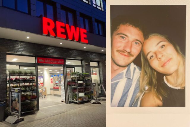 Montage: Der Rewe an der Saarlandstraße in Dortmund ist der Ort, an dem Lily und Mattes sich kennenlernten.