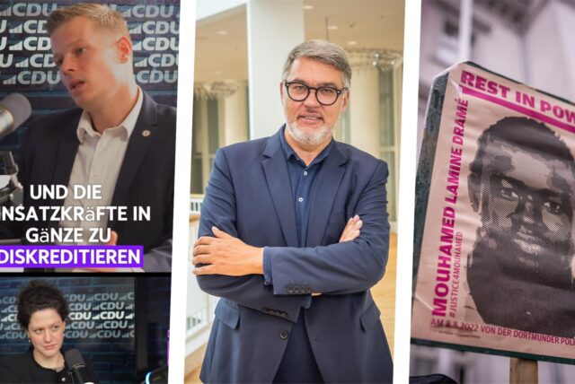 Thomas Westphal (rechts) hat der Dortmunder CDU nahegelegt, einen Ausschnitt aus einem Podcast (links) zu löschen, in dem seine Äußerungen im Fall Mouhamed Dramé (Mitte) kritisiert werden.