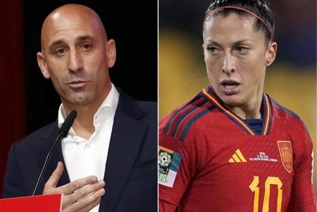 Die Bildkombo zeigt Jennifer Hermoso (r), spanische Fußballspielerin, nach einer vergebenen Torchance während des Frauenfußball-WM-Spiels der Gruppe C zwischen Japan und Spanien in Wellington und Luis Rubiales, Ex-Präsident des spanischen Fußballverbandes RFEF, bei der Außerordentlichen Generalversammlung des Verbandes in Madrid am 25.08.2023.